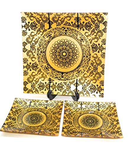 Mirakii 7 Pieces Snacks Serving Glass Plates or Trays in Gold, Microwave and Dishwasher Safe