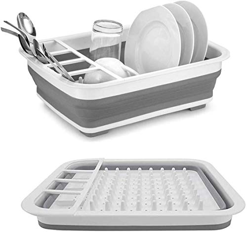 Wishbone Collapsible Dish Drainer/Dish Drying Rack with Spoon Storage Holder Utensil Dinnerware Travel Organizer - Heavy Duty Plastic & Silicone (PP + TPE) - Dishwasher Safe for Easy Cleaning